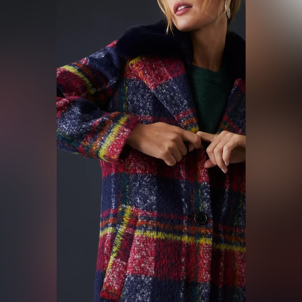 Anthropology NVLT Navy and Red Plaid Coat with Faux fur Collar new! - Picture 2 of 13